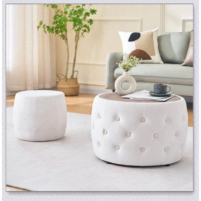 Luxueux repose-pieds gigognes en velours, fonction 4 en 1, rangement rond avec plateau en bois, sans assemblage, conception peu encombrante