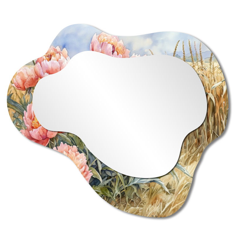 Miroir décoratif asymétrique, pivoines, campagne, imprimé sur métal, 25 po x 28 po