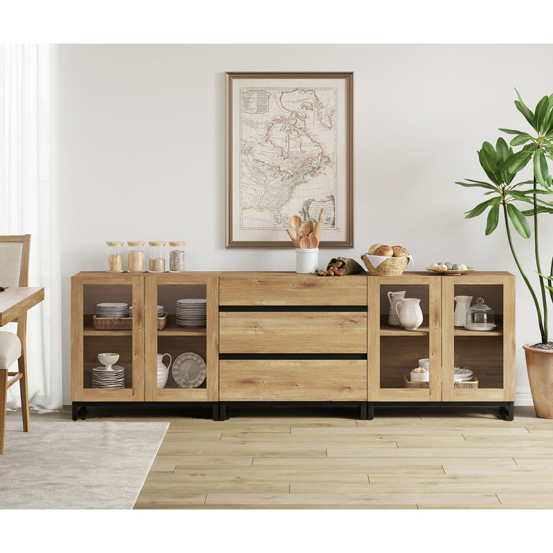3 In 1 Modern Sideboard With Glass Doors And 3 Drawers,Storage Cabinet With Adjustable Shelves, Coffee Bar Cabinet For Living Room, Kitchen