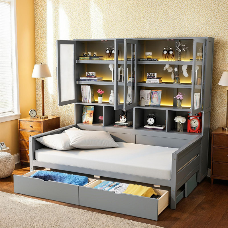 Lit de jour en bois avec armoire en verre et lueur DEL, Lit simple, Gris