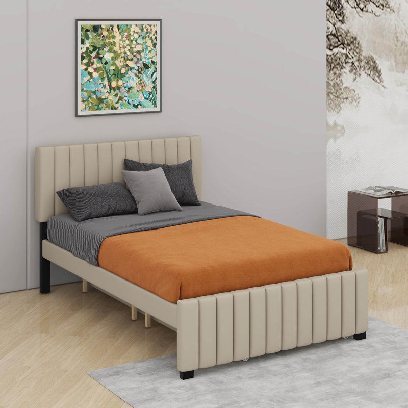 Lit plateforme double en velours avec lit gigogne, Beige