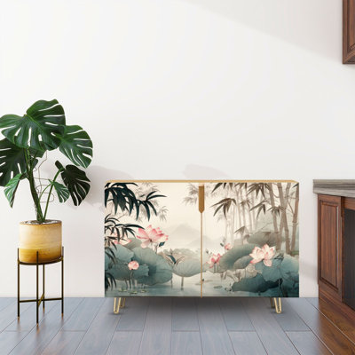 Sideboard Buffet Cabinet with Storage Serene Lotus Pond Green Leaves Bamboo Tranquil Watercolor Style with 2 Doors for Living Room and Kitchen