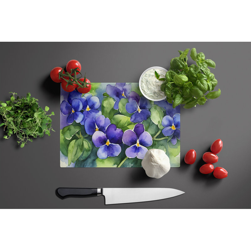 Rhode Island Violets in Watercolor Glass Cutting Board Large