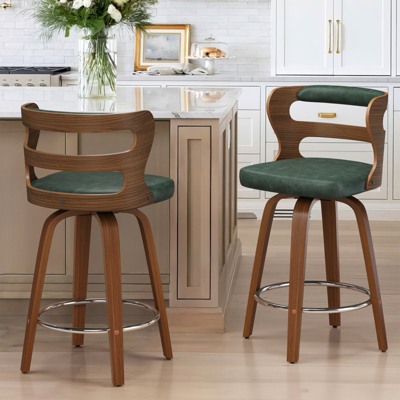 Tabouret de comptoir pivotant rembourré avec structure en bois manufacturé Deshunda, Vert/brun