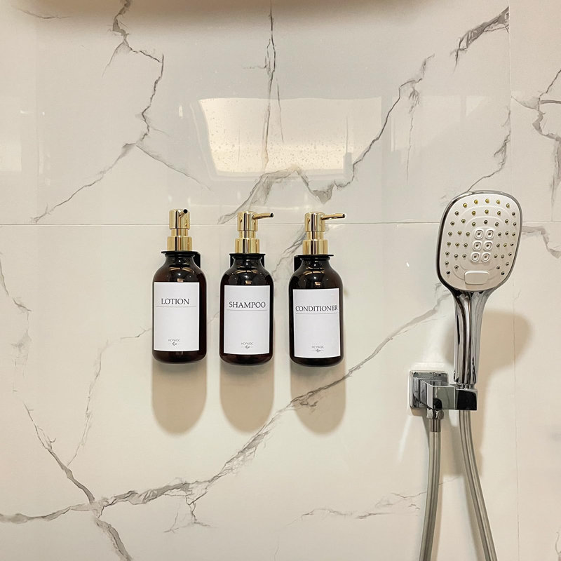 Lot de 3 distributeurs muraux pour douche, sans perçage, 16 étiquettes étanches, distributeur de shampoing et revitalisant pour la douche, salle de bain, 500 ml, ambre doré