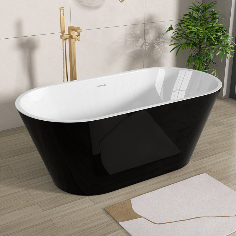 59" Acrylic Gracefully Shaped Freestanding Soaking Bathtub With Brushed Nickel Drain, Black