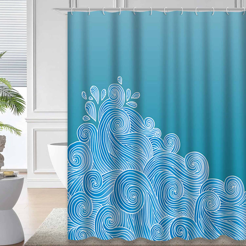 Rideau de douche imperméable abstrait Ocean Curl Blue Wave avec 12 crochets, L 72 po x l 84 po