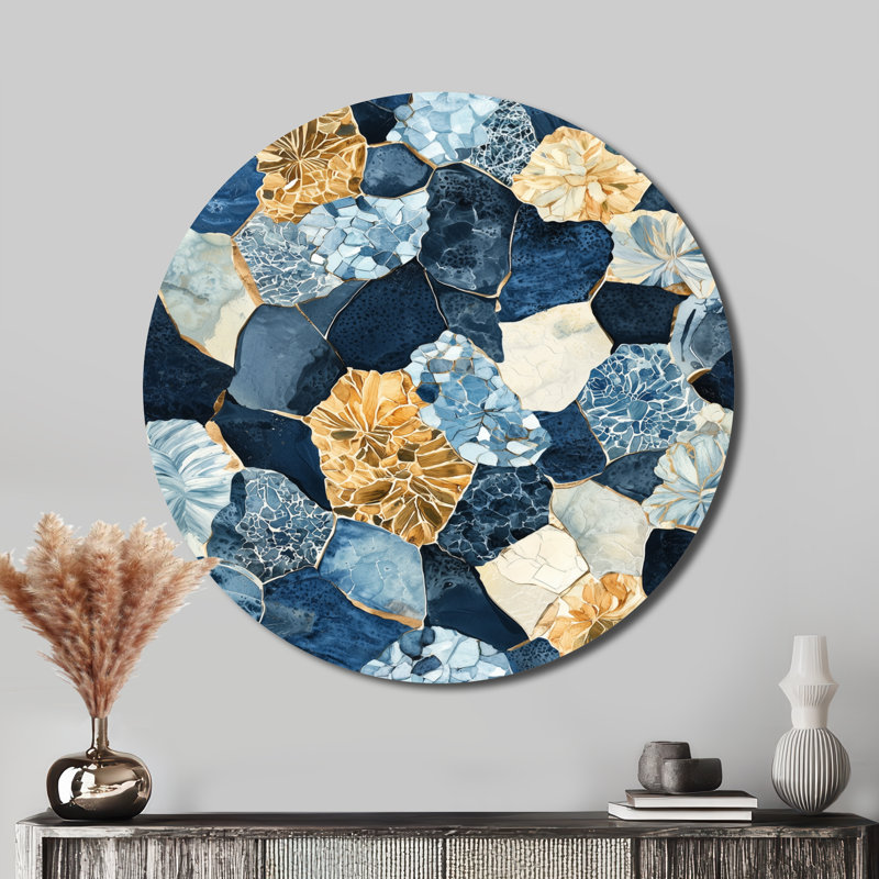 Carreaux de bord de mer bleu et blanc - art mural moderne abstrait rond, art mural en métal doré, H 16 po x l 16 po