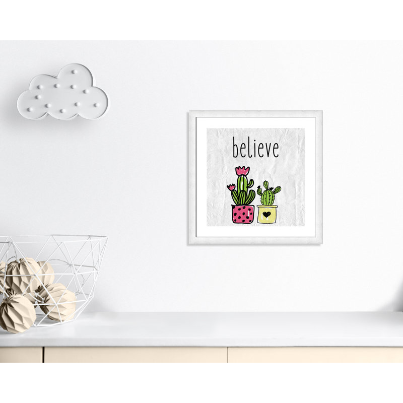 Cactus B, art encadré, H 22,5 po x l 22,5 po x P 0,6 po, Encadré plat à grain de bois blanc