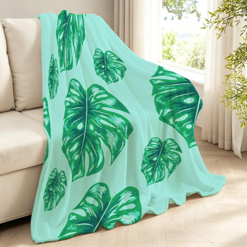 Jeté transparent en flanelle molletonnée ultra douce, imprimé feuille simple bleu tropical, Throw 40" x 50"