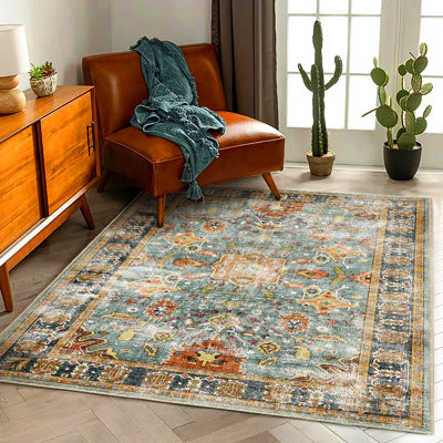 Area Rug 10'x14' Washable Vintage Traditional Mat Distressed Indoor Foldable Thin Retro Accent Floral Print Non Slip Carpet for Living Room Dining Room Office