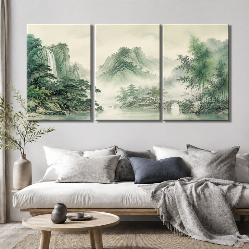 Impression sur toile avec 3 panneaux muraux, montagne verte, paysage chinois, 16 * 24 pouces * 3