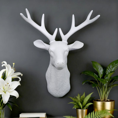 White Deer Head Wall Decor Deer Antlers Wall Sculpture Faux Taxidermy Wall Animal Head 19.69 x 11.81 x 15.75 inches