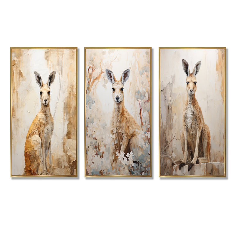 Minimal charmant kangourou - ensemble de 3 impressions sur toile kangourou, Cadre flottant doré, H 32 po x l 48 po