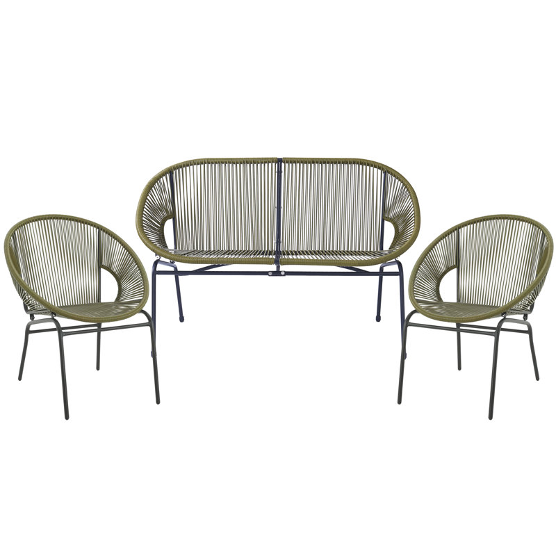 Kalea Outdoor 3-Piece Pe Rattan Conversation Set With Iron Frame (Table Not Included), Green
