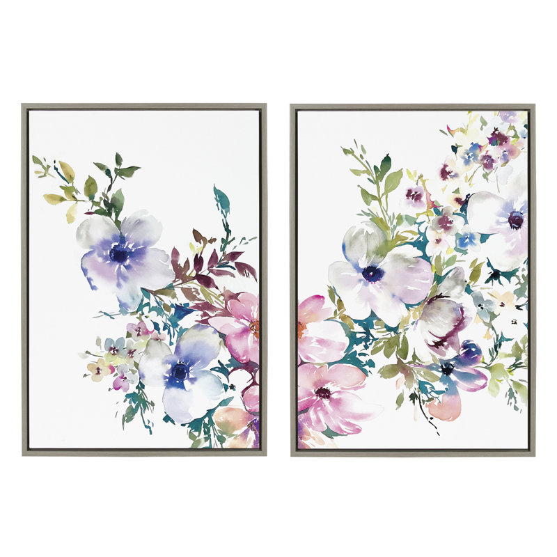 Encre lavée florale à gauche et à droite par Emma Daisy, ensemble d'art mural sur toile encadrée