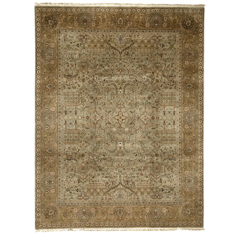 Tapis vert olive et doré noué à la main de haute qualité
