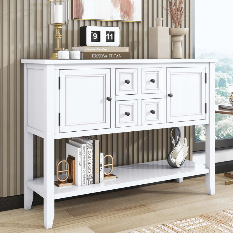Console rétro avec quatre petits tiroirs et tablette inférieure pour le salon Bouldin, Blanc