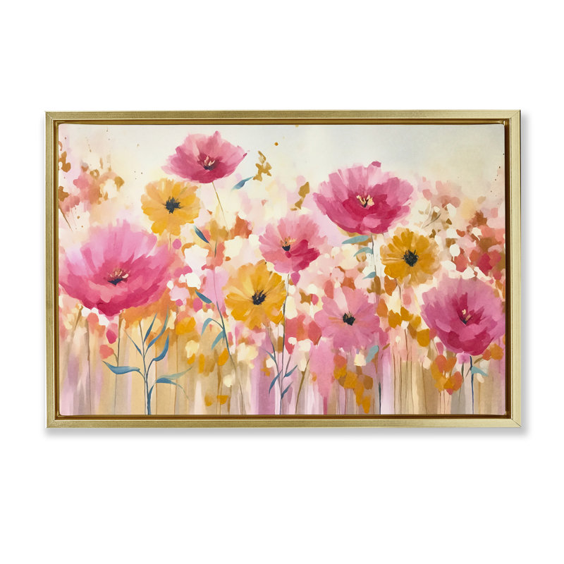 Cadre flottant rose et jaune Blooming Whimsy, design par Andrea Haase, Cadre flottant métallique doré, H 17 po x l 25 po