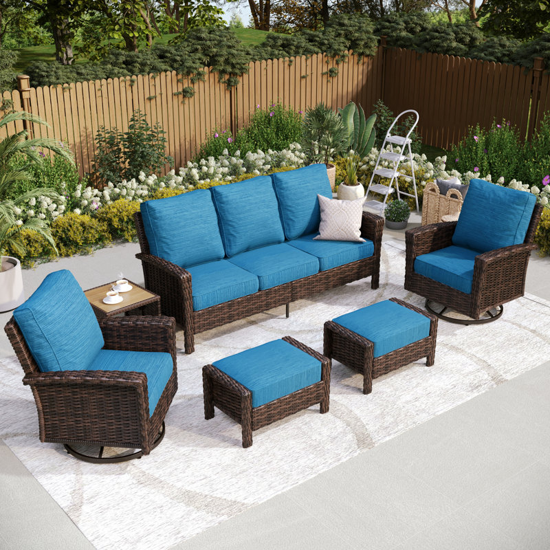 Outdoor Wicker Patio Conversation Furniture Set, Peacock Blue