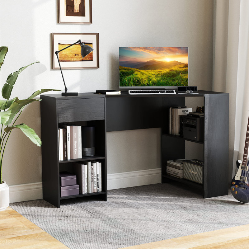 L-Shaped Computer Desk Compact Corner Executive Desk W/Storage-White, Black