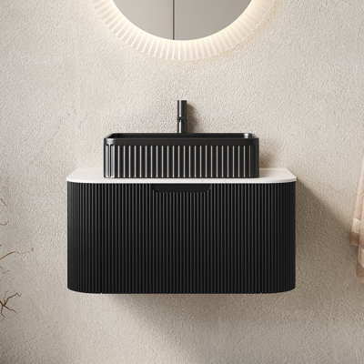Wall-Mounted Bathroom Vanity With Black Rectangular Ceramic Basin, Carrara White Countertop & 3D Striped Drawer Front, Modern Floating Design, Pre-Assembled