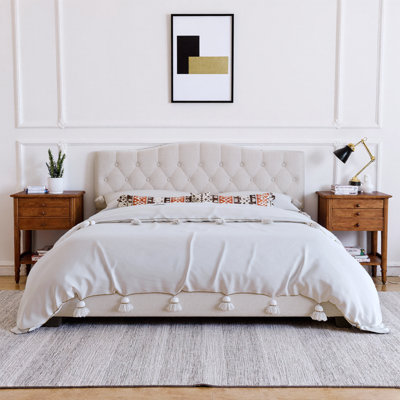 Lit tapissier luxueux de très grande taille, tête de lit réglable capitonnée à losanges avec un design incurvé, support solide en métal et en bois, aucun sommier tapissier requis, lit plateforme en lin beige
