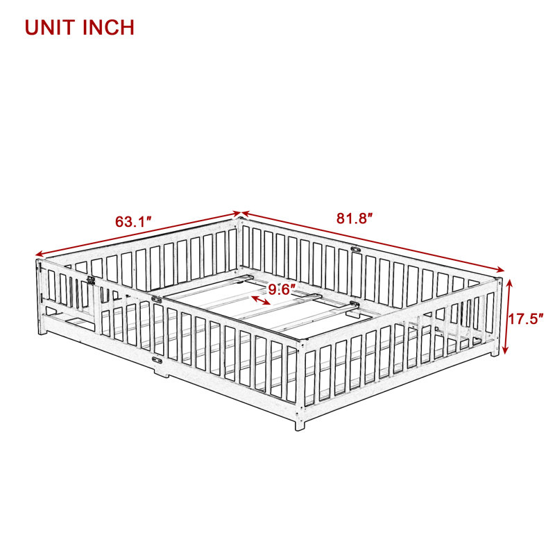Lit grand format avec clôture, porte, lit en bois d'hévéa avec garde-corps de sécurité, naturel