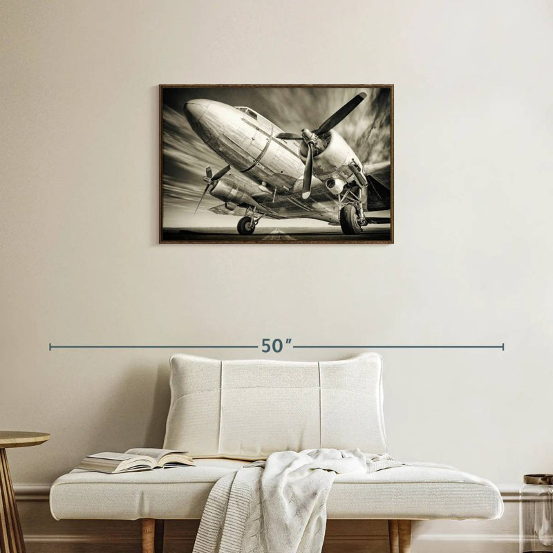 Avion rétro monochrome, Cadre flottant noyer, 31 po x 21 po