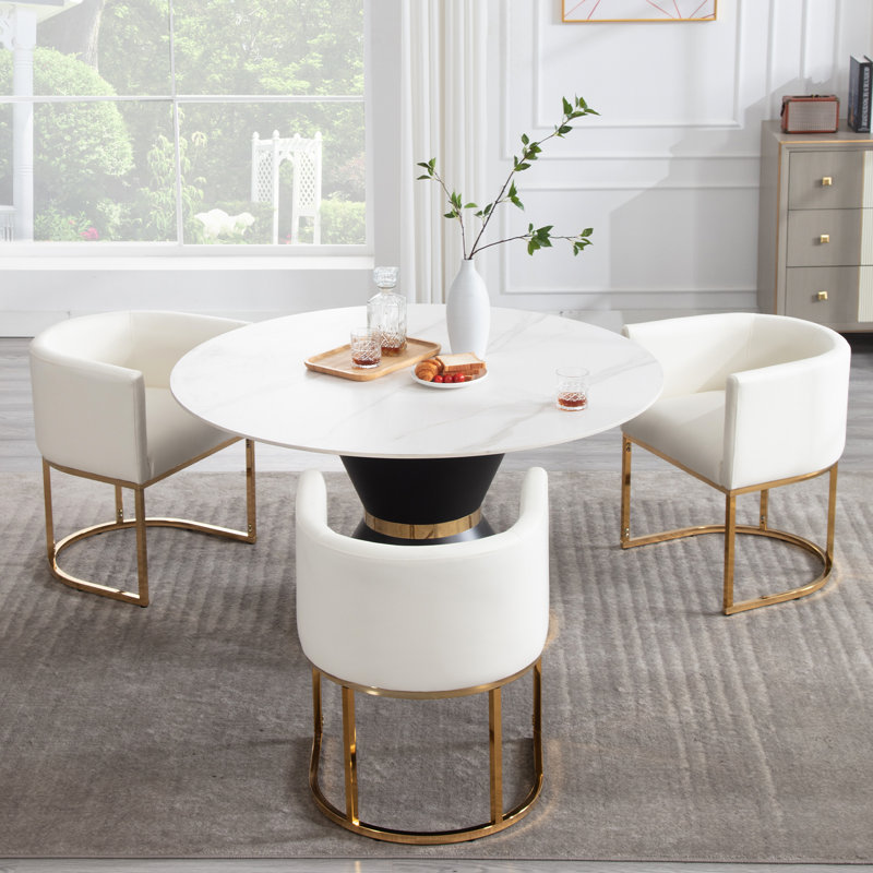 Upholstered Faux Leather Dining Chair Modern Arm Chair, Gold, White
