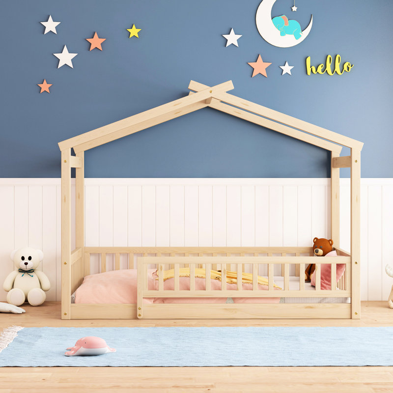 Twin Size Wood House Bed With Fence - Natural Pinewood For ' Fun Frame & Comfortable Space, Twin, Natural