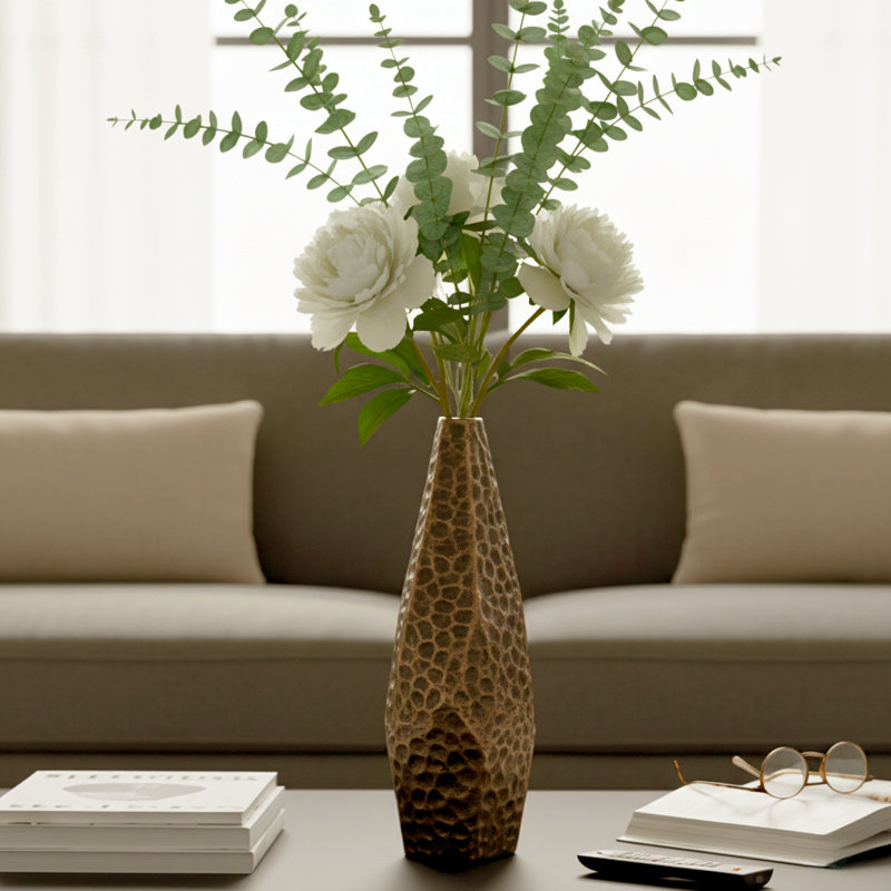 Grand vase moderne en métal à nervures asymétriques pour la décoration de salon - Vases à fleurs d'inspiration artistique pour centre de table, style de chambre à coucher et décoration intérieure - Brun