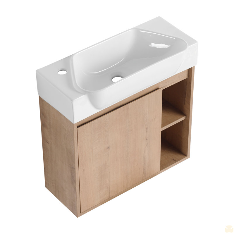 Meuble-lavabo mural 24 po avec lavabo en céramique blanche et porte à fermeture en douceur, Imitation chêne, 24"