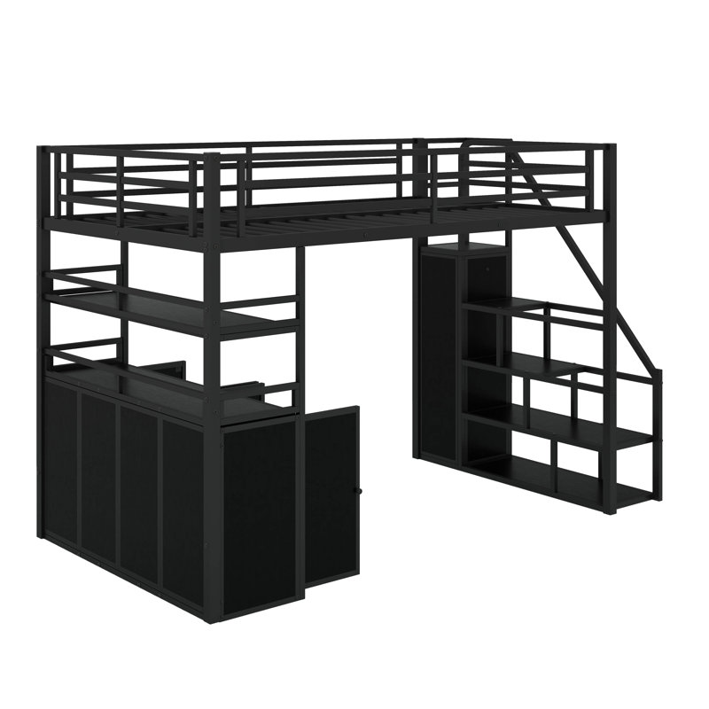 Lit mezzanine double en métal avec escalier de rangement et garde-robe, Noir