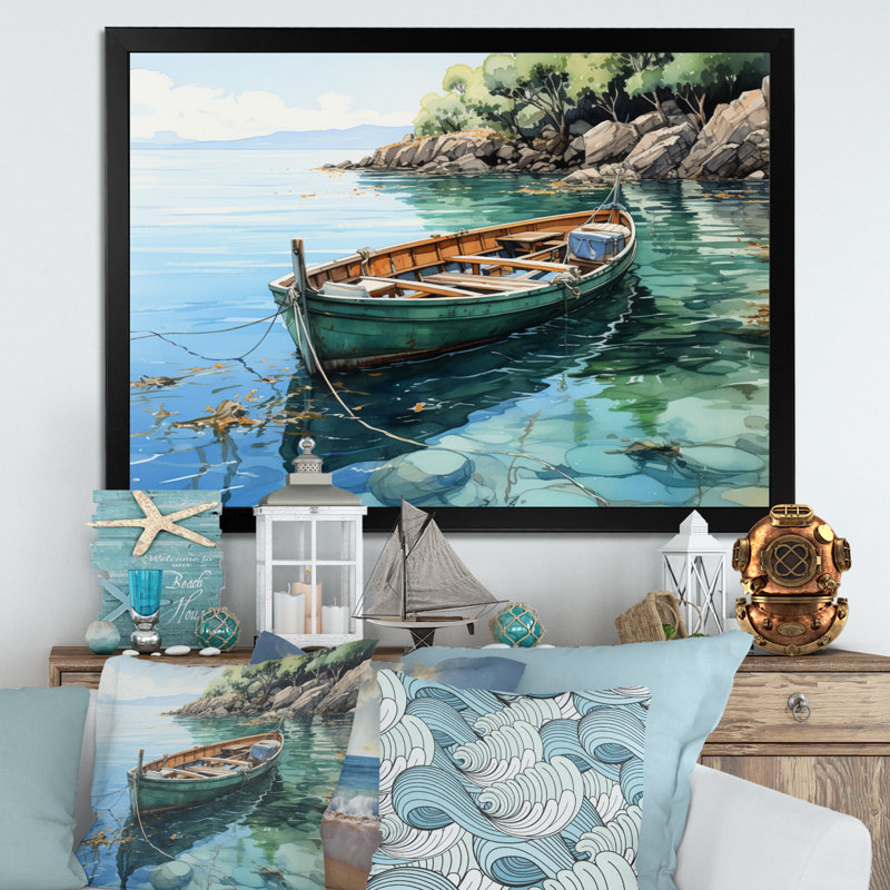 Bateau ancré IV sur toile, H 34 po x l 44 po x P 1,5 po, Cadre simple noir