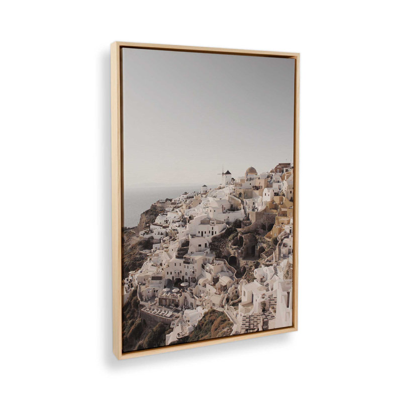 Santorini's Serene Cliffs Rolled Canvas Print, 30.75" H x 20.75" W x 1.75" D, American Maple Floater Framed