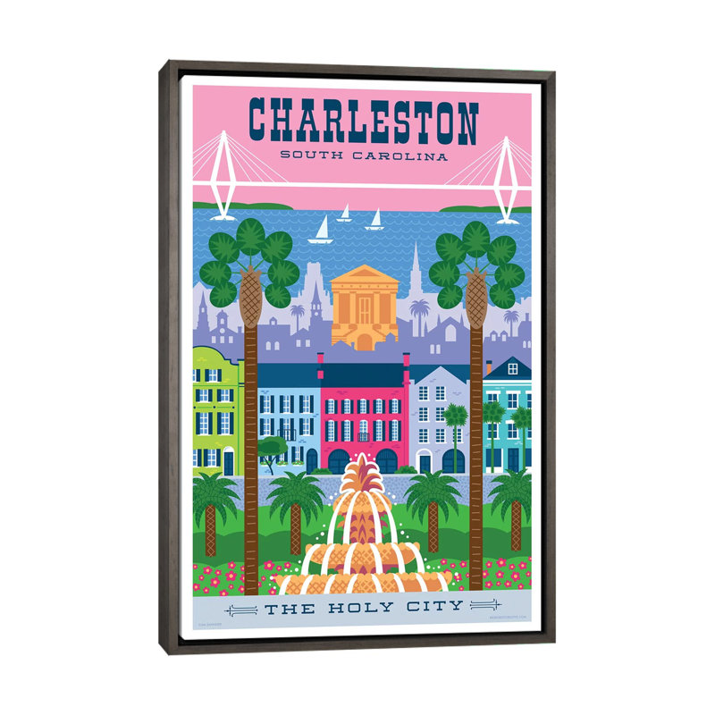 Affiche de voyage Charelston par Jim Zahniser-impression d’art graphique, Pas de tapis, Toile encadrée de bois rustique foncé