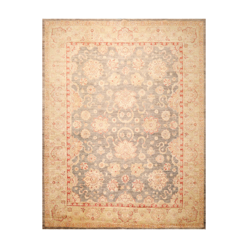 Tapis gris en laine noué à la main de conception unique 9 pi 1 po x 12 pi Elvon