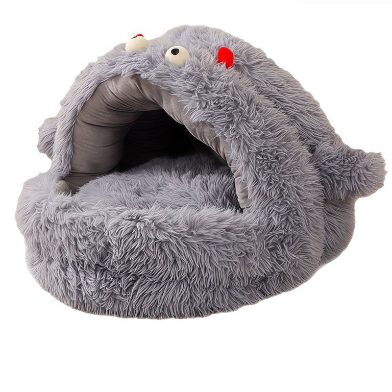 Niche pour chat à capuchon anti-anxieux avec fond antidérapant pour chats d'intérieur et petits chiens Monster, Gris