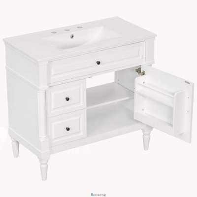 Meuble-lavabo autoportant de 36 po avec comptoir d'évier, structure en bois d'hévéa et armoire à panneaux de fibres à densité moyenne avec tiroir rabattable, tablette réglable, poignées en métal, lavabo en céramique, blanc
