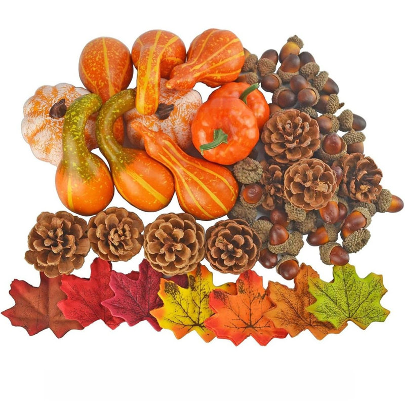 Ensemble de 166 fausses récoltes d'automne avec citrouilles assorties, courges, glands, pommes de pin et feuilles d'érable pour l'Action de grâce