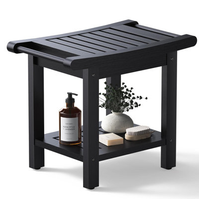  HDPE 22.75”W Shower Bench Moisture-proof and Mildewproof Shower Stool 350lbs Capacity Towel Rack With Non-slip Design and Storage Shelf,Black