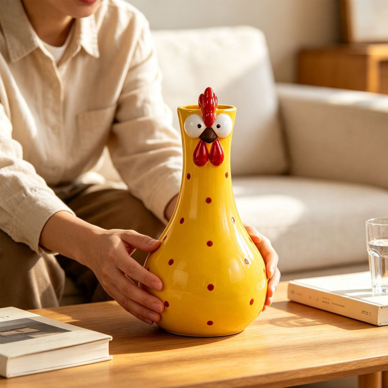 Petit vase coq rouge à long cou en résine, idéal pour décorer une table ou poser de petits bouquets., Jaune