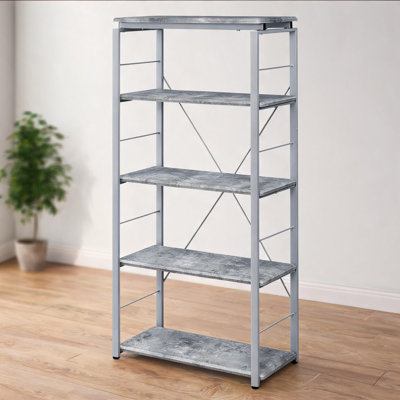 Wood and metal industrial storage bookshelf, compact 54-inch silver-tone open shelving unit with faux concrete finish for home and office