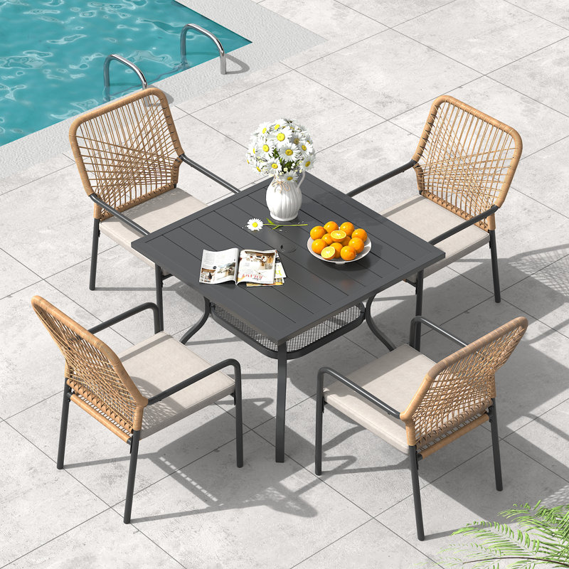 Square Patio Dining Set With Cushioned Stackable Rattan Chairs, Black