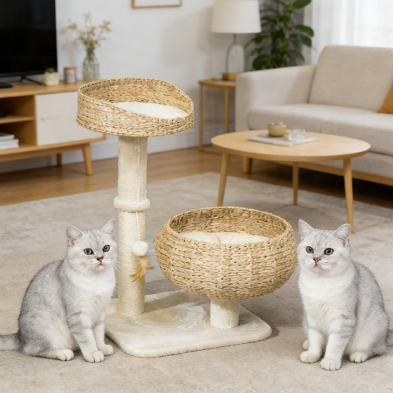 Arbre d'activité pour chat crème à fleurs élégantes, condo pour chat en panneau de particules robuste avec lits surélevés épais, centre de jeu décoratif pour animaux de compagnie pour petits chats