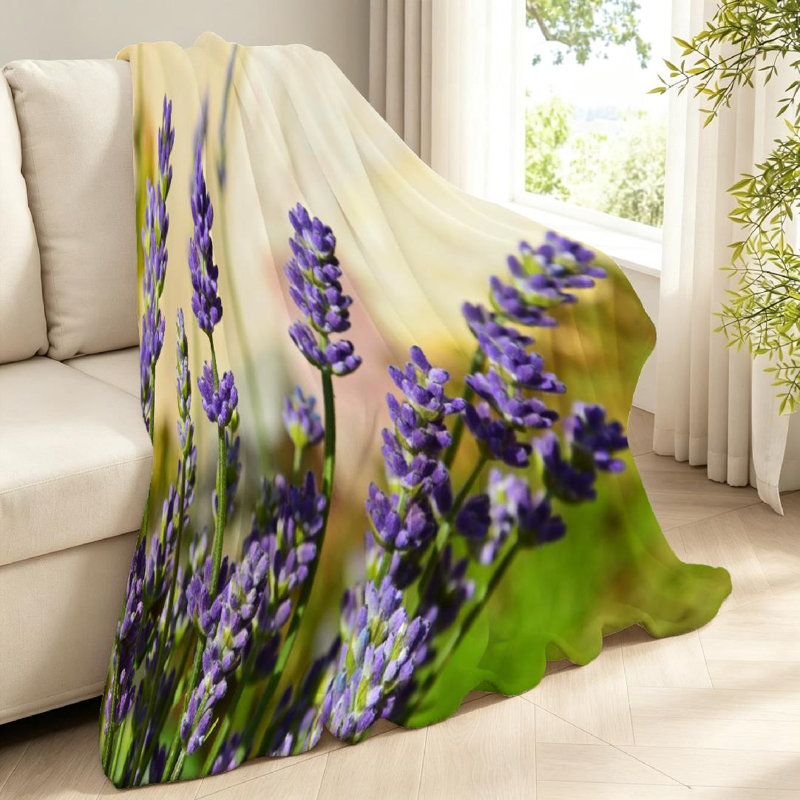 Jeté en flanelle jaune très doux, imprimé lavande et recto, Throw 40" x 50"