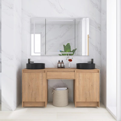 Ensemble de meuble-lavabo autoportant 64 po avec lavabo en céramique d'art et armoire de rangement, portes à fermeture douce et tiroir