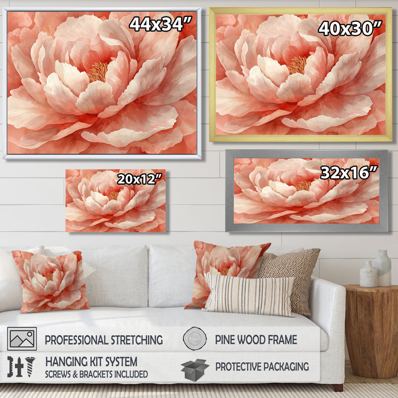 Pivoine rose rougissante - pivoines, art mural, H 34 po x l 44 po, Cadre simple argenté