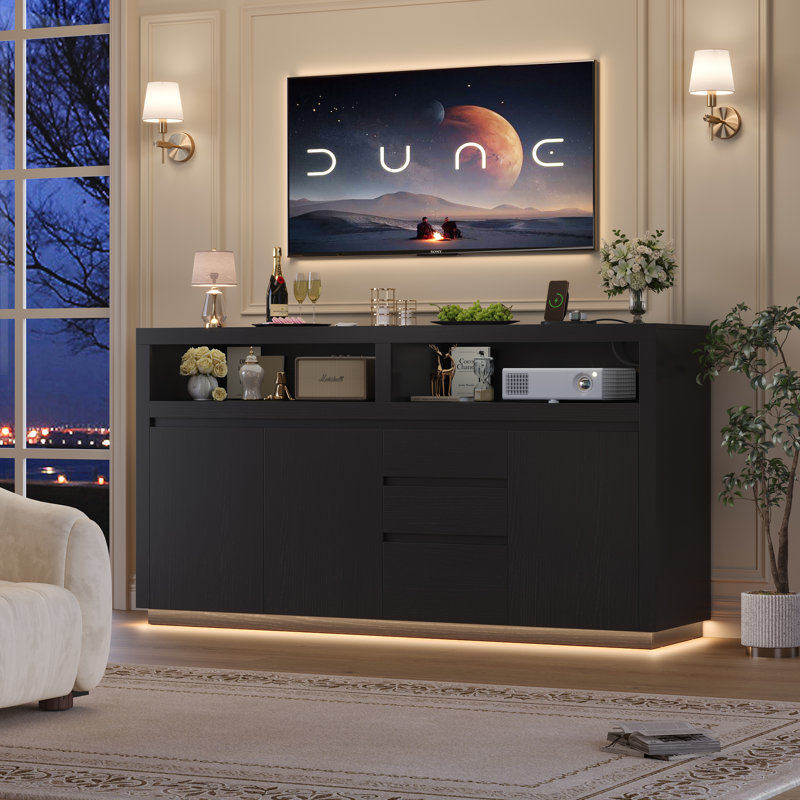 TV Stand Cabinet With Built-In LED Lights & Surge-Protected Outlet | All-In-One Modern Entertainment Center, Matte Black